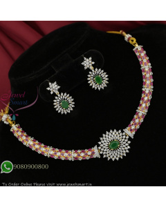 Elegant Ruby CZ Choker Necklace Set with Green Stone Centerpiece – Diamond Finish Imitation Jewelry NL27350
