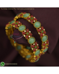 Broad Gold Bangles with Jade Green & Coral Stones - Elegant Traditional Design | Jewelsmart.in B26746