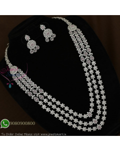 Silver Plated Layered CZ Long Necklace Set | Diamond Look Bridal Jewellery NL29359