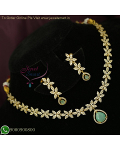 Simple Floral Design CZ Stones Necklace with Color Stone Drops in Antique Gold Polish – Elegant Antique Jewelry NL26772