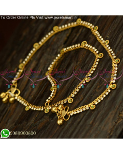 Single Line White Stones Payal With Pista Green Motif Gold covering B25477