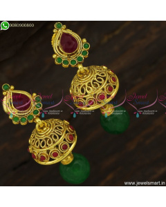 Small Unique Jhumka Earrings With Colour Crystal Drops Antique Gold Plated J23739