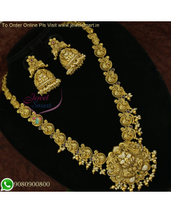 Exquisite South Indian Bridal Long Necklace Designs - Traditional Temple Jewellery Sets with Jhumka Earrings NL26489