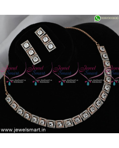 Sparkling White CZ Square Stones Rose Gold Necklace Set Trending Jewellery NL24981