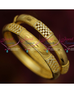 B13796 Hollow Design Broad Light Gold Plated AD White Stone Bangles Latest Jewelry Online