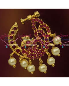 N13679R Semi Precious Stones Gold Plated Ruby Pearls Nose Rings Screw Lock
