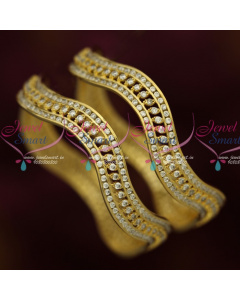 B13991 White AD Stones 3 Line Neli Curve Design Broad 2 Pcs Set Bangles Light Gold Finish Online