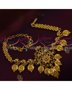 V14649 Temple Coin Matte Gold Finish Chain Vanki BajuBand Latest Bridal Jewellery Designs online