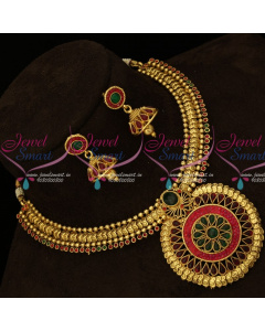 NL15320 Red Green Stones Setting Round Pendant Fashion Jewellery Necklace Gold Plated Design