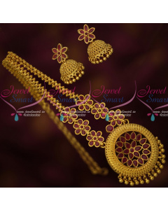 NL15201 Fancy Floral Design Red Stones Chain Gold Plated Matching Jhumka Earrings Latest Imitation