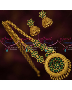 PS15207 Fancy Floral Design Green Stones Chain Gold Plated Matching Jhumka Earrings Latest Imitation