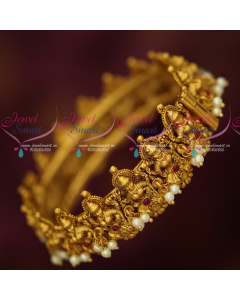 B17956 Temple Jewellery Pearl Danglers Matte Gold Plated Antique Kada Bangles Screw Open