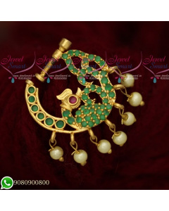 N19512 AD Emerald Stones Pearl Drops Gold Plated Jewellery Nose Rings Online