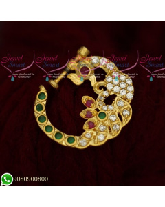 N19518 Peacock Design Nose Ring Online AD Multi Color Stones Non Piercing Screw Lock