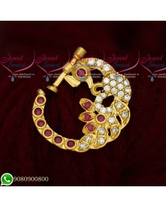 N19519 Peacock Design Nose Ring Online AD Ruby White Stones Non Piercing Screw Lock