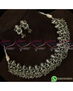 NL19521 Lord Ganapathy Temple Jewellery Silver Oxidised Plating Green Stones Antique Collections