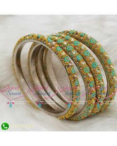 Lac Bangles Indian Jewellery Aquamarine Green Colour 4 Pieces Set Matching B18681