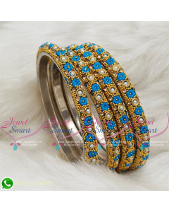 Lac Bangles Ferozi Blue Colour Indian Jewelry 4 Pieces Set Matching B18677