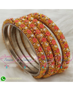 Lac Bangles Orange Colour Indian Jewelry 4 Pieces Set Matching B18674