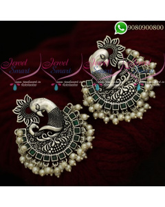 Oxidised Jewellery Silver Earrings Plated Green Emerald Stones ER20454