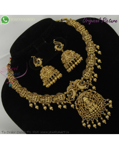 Temple Antique Gold Lakshmi Necklace Set with Jhumka Earrings – Traditional Bridal Jewellery NL29299