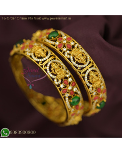 Temple Broad Gold Bangles with Coral, Emerald & White Stones - Traditional Design | Jewelsmart.in B26745