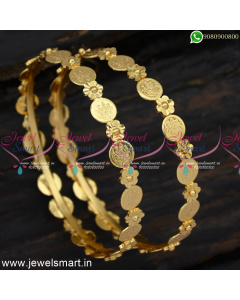 Thin Delicate Temple Laxmi Coin Bangles Light Weight Gold Plated B24865