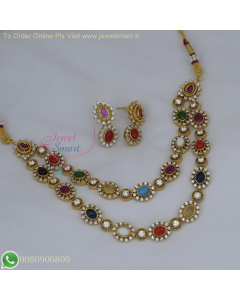 Two Layer Multicolor Stones Necklace with Matching Earrings - Gold Plated Jewelry NL26975