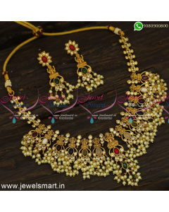 Uncut Style Matte Gold Navaratna Necklace Set Temple Pearl Jewellery Guttapusalu Online NL24812