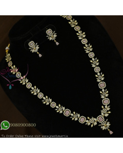 Victorian Finish Floral Long Necklace Set | CZ Stones | Multiple Colour Options | Bridal Jewellery NL27302