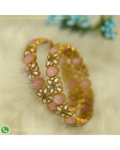 Victorian Style Antique Gold Bangles with Pink, White & Green Stones | Oxidized Finish B26858
