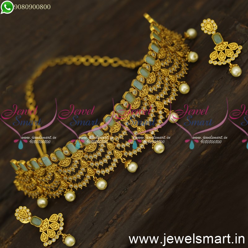 Garland Style Monalisa Stones Choker Necklace Set With Small Ear Studs Online NL24560