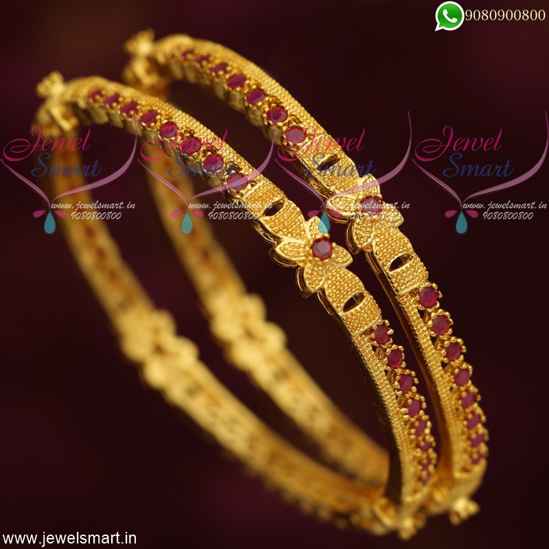 Gold Plated Ruby Emerald Stone Bangles Daily Wear South Indian Collections B19117