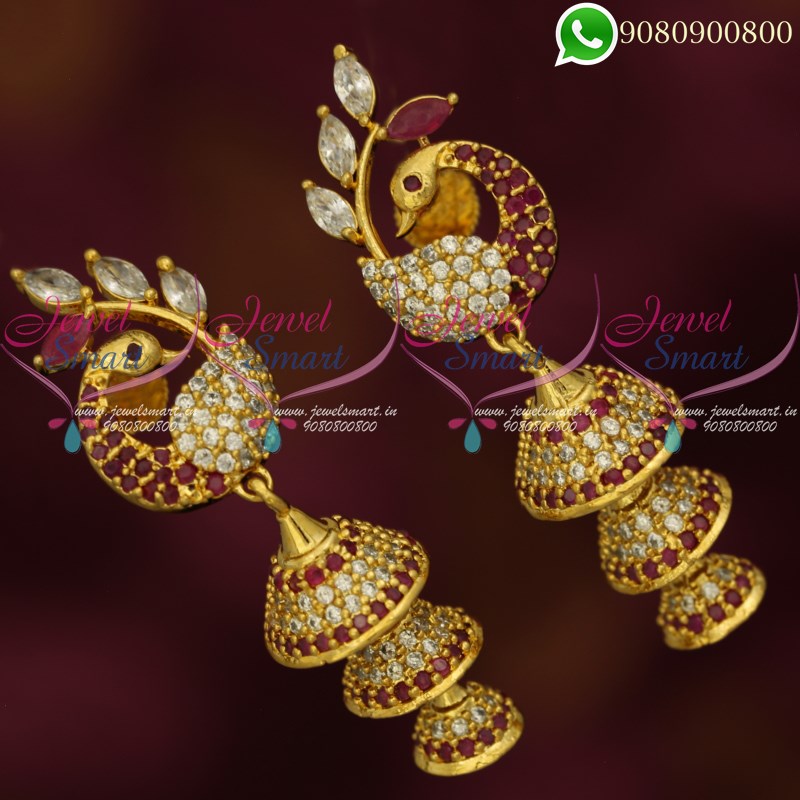 Jhumki Earrings Gold Plated Jewellery Step Jhumka Peacock Collections Online J20058 Ruby White