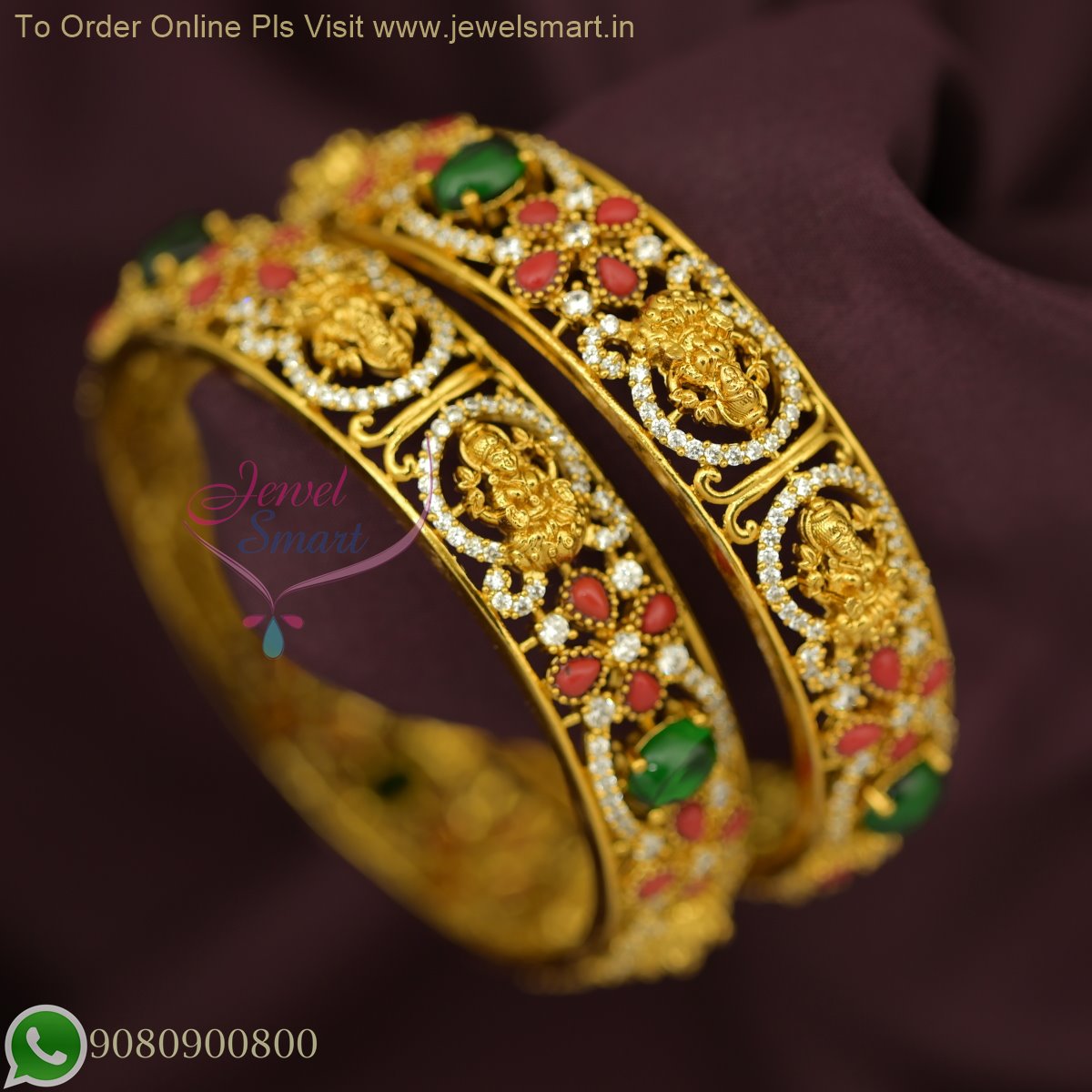 Temple Broad Gold Bangles with Coral Emerald White Stones Traditional Design Jewelsmart.in B26745