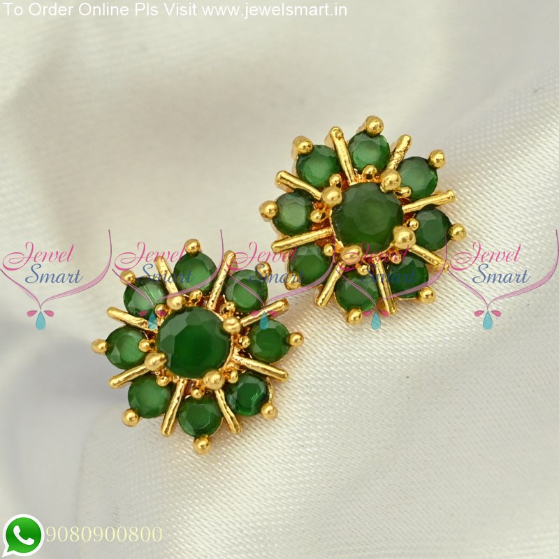 Emerald stud earrings with cubic zirconia set white and green stone emerald
