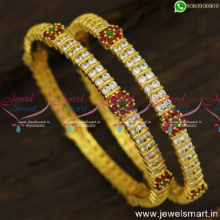 2 Line Stones Getti Metal Gold Bangles Design Floral Mugappu Online B24642