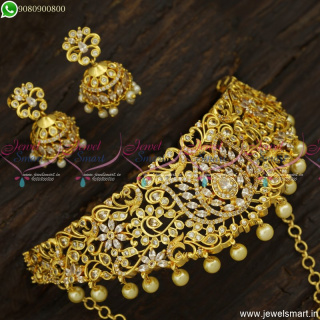Alluring Choker Necklace Gold Catalogue Design Jhumka Earrings Latest Online NL23450