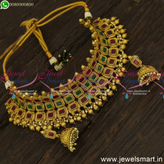 Bold Rectangle Stones 3 Layer Choker Necklace Set Antique Gold Jewellery Designs NL24668