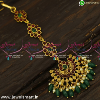 Chandbali Green Glass Beads Gold Maang Tikka Design Bridal Hair Jewellery T24733