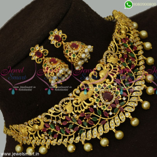 Dazzling Choker Necklace Peacock Design Gold Plated Bridal Jewellery Online NL23318