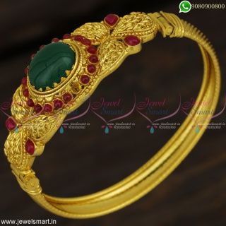Green Gemstone Look-Alike Hollow Kada Bracelets One Gram Gold Jewellery Traditional Models B22889