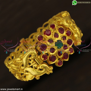 B7457 Ruby Emerald One Gram Gold Plated Broad Screw Open Kada Bracelet Online