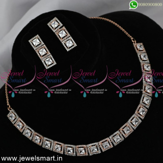 Sparkling White CZ Square Stones Rose Gold Necklace Set Trending Jewellery NL24981