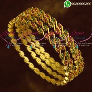 Stone Bangles Set Gold Plated 4 Pieces Party Wear New Designs B20875-Ruby-Emerald-2.10 Size or 67MM