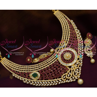 NL7996 Gold Jewellery Design Grand Ruby CZ Pearl Choker Necklace Bridal Collections