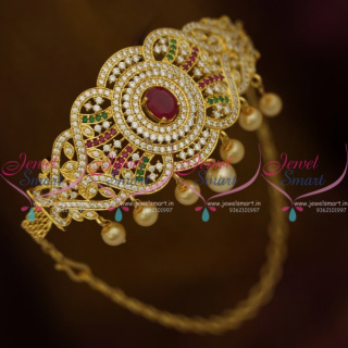 AR10312 Ruby Emerald White Gold Plated Semi Precious Stones Chain Aravanki Bajuband Latest Traditional Jewellery Collections