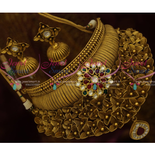 NL10548 Party Wear Fashion Jewellery Designs Antique One Gram Gold Original Foil Jadau Kundan Stones Broad Choker Shop Online