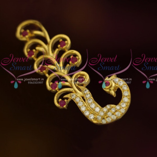 SP10849 Ruby White Peacock Design AD Stones Fashion Jewellery Saree Pins Collection Online