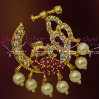 N13679RW Semi Precious Stones Gold Plated Ruby White Pearls Nose Rings Screw Lock